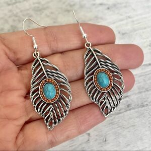 Silver tone feather and faux turquoise earrings